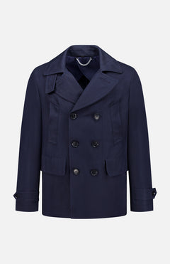 The BELSTAFF Milford Water-resistant Peacoat features navy linen cotton twill, black buttons, wide notch lapels, front pockets, and buttoned cuffs, displayed against a plain white background.