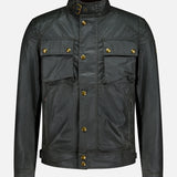 The BELSTAFF Racemaster Waxed Cotton Jacket is crafted from dark green waxed cotton in a classic Trialmaster-inspired design. It features a stand-up collar, gold buttons, two chest flap pockets, and two side pockets. This water-repellent jacket is displayed against a plain white background.