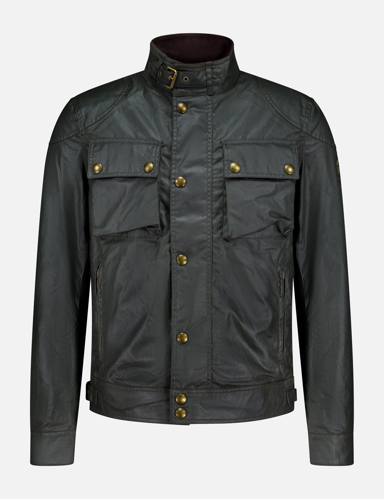 The BELSTAFF Racemaster Waxed Cotton Jacket is crafted from dark green waxed cotton in a classic Trialmaster-inspired design. It features a stand-up collar, gold buttons, two chest flap pockets, and two side pockets. This water-repellent jacket is displayed against a plain white background.
