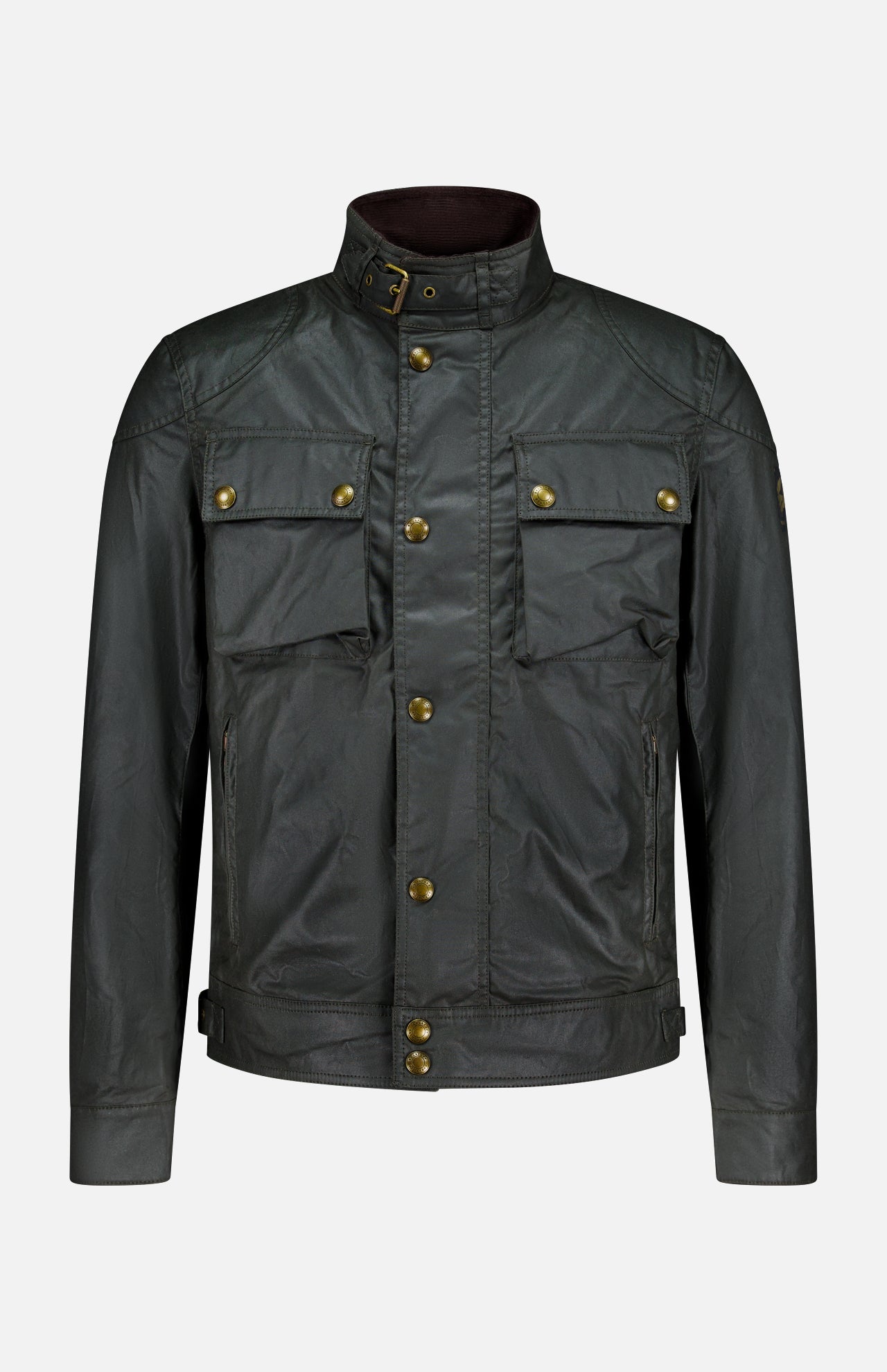 The BELSTAFF Racemaster Waxed Cotton Jacket is crafted from dark green waxed cotton in a classic Trialmaster-inspired design. It features a stand-up collar, gold buttons, two chest flap pockets, and two side pockets. This water-repellent jacket is displayed against a plain white background.