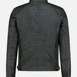 The BELSTAFF Racemaster Waxed Cotton Jacket is pictured from the back in dark green, showcasing a stand-up collar, long sleeves with buttoned cuffs, and adjustable waist tabs with brass buttons. Drawing inspiration from the iconic Trialmaster style, this timeless design seamlessly blends rugged durability with a refined silhouette.