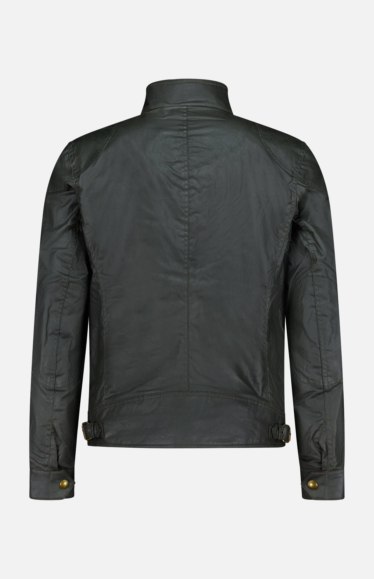 The BELSTAFF Racemaster Waxed Cotton Jacket is pictured from the back in dark green, showcasing a stand-up collar, long sleeves with buttoned cuffs, and adjustable waist tabs with brass buttons. Drawing inspiration from the iconic Trialmaster style, this timeless design seamlessly blends rugged durability with a refined silhouette.