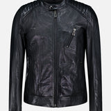The BELSTAFF V Racer Jacket in black leather features supple leather construction, quilted shoulder details, a front zipper closure, and an angled zippered chest pocket, all presented in a minimal design against a plain white background.