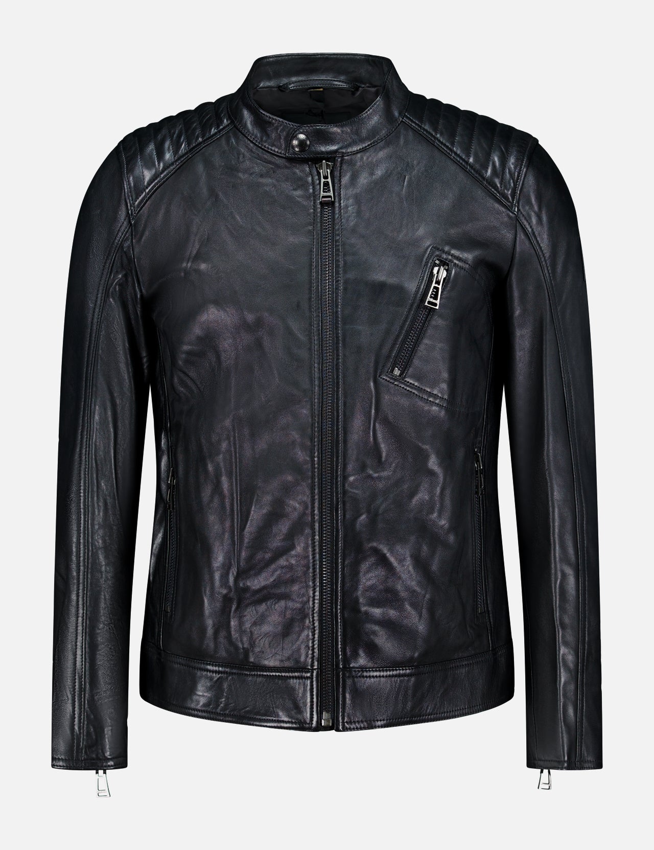 The BELSTAFF V Racer Jacket in black leather features supple leather construction, quilted shoulder details, a front zipper closure, and an angled zippered chest pocket, all presented in a minimal design against a plain white background.