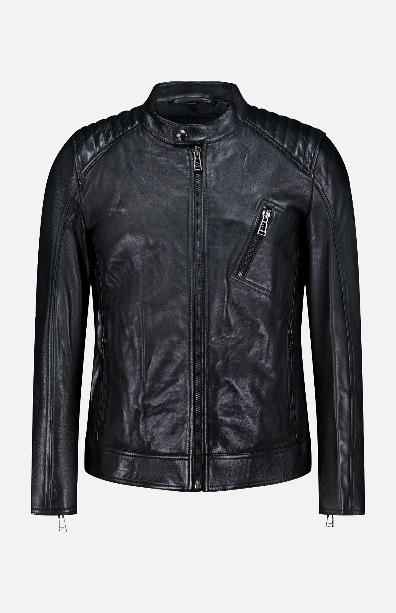 The BELSTAFF V Racer Jacket in black leather features supple leather construction, quilted shoulder details, a front zipper closure, and an angled zippered chest pocket, all presented in a minimal design against a plain white background.