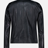 The BELSTAFF V Racer Jacket is displayed from the back, crafted from supple black leather with long sleeves, visible stitching, and zippered cuffs for a minimal look, set against a plain light gray background.