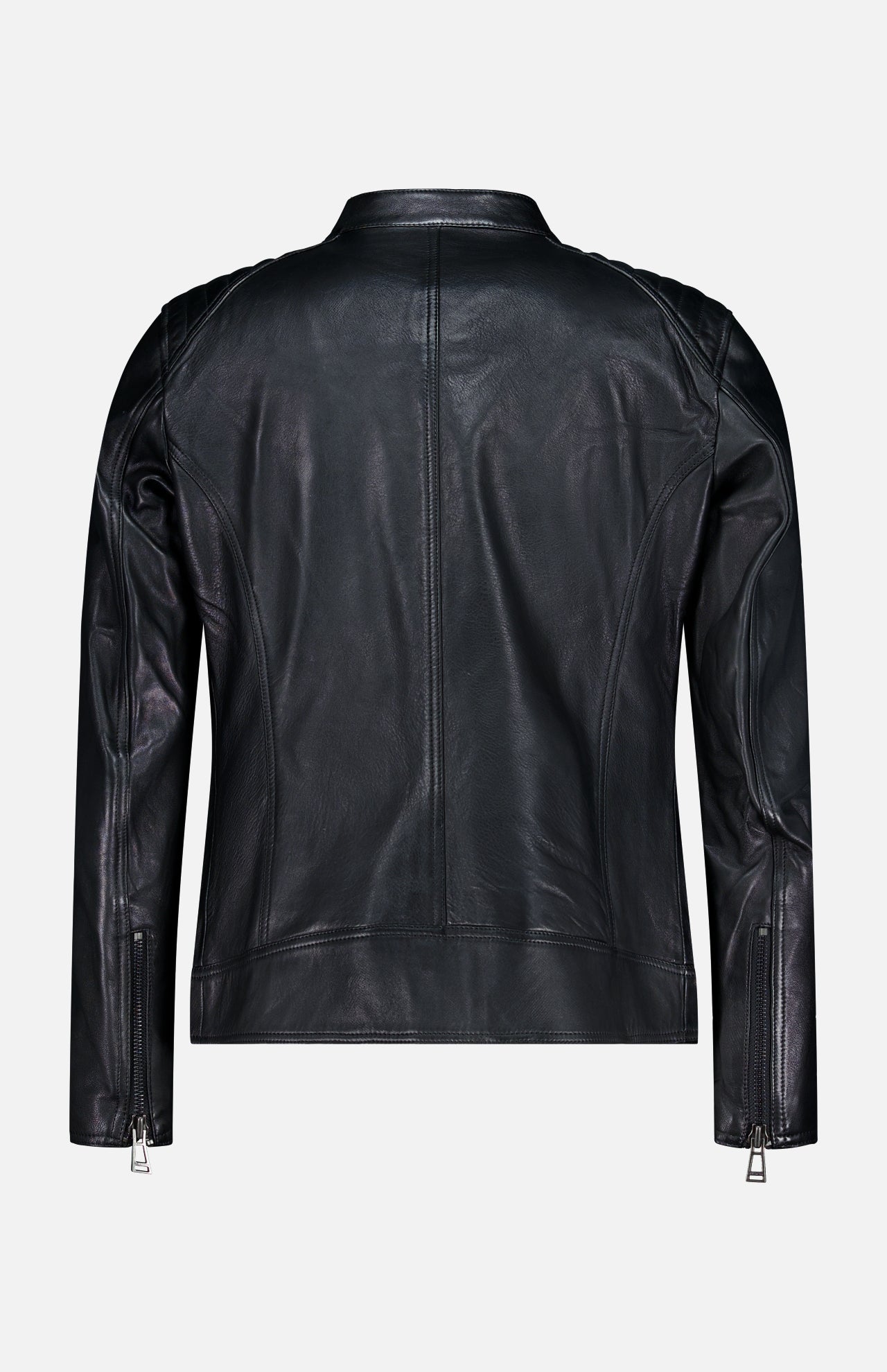 The BELSTAFF V Racer Jacket is displayed from the back, crafted from supple black leather with long sleeves, visible stitching, and zippered cuffs for a minimal look, set against a plain light gray background.