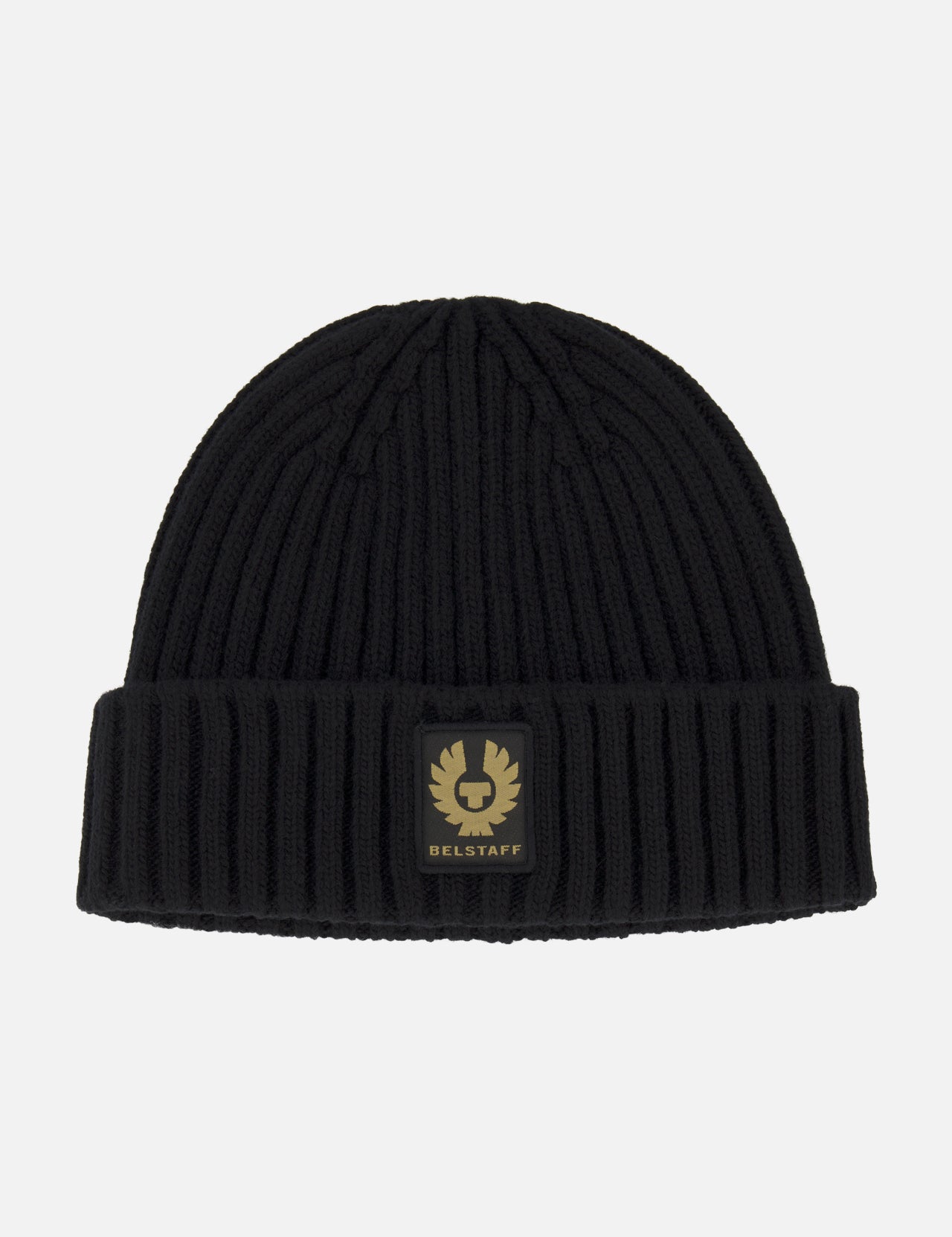 The BELSTAFF Watch Beanie Hat is a black ribbed knit wool beanie with a folded brim, accented by a rectangular black and gold BELSTAFF logo patch on the front.
