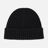 The BELSTAFF Watch Beanie Hat, crafted from soft lambswool in a black ribbed knit with a folded brim, is displayed on a plain white background.