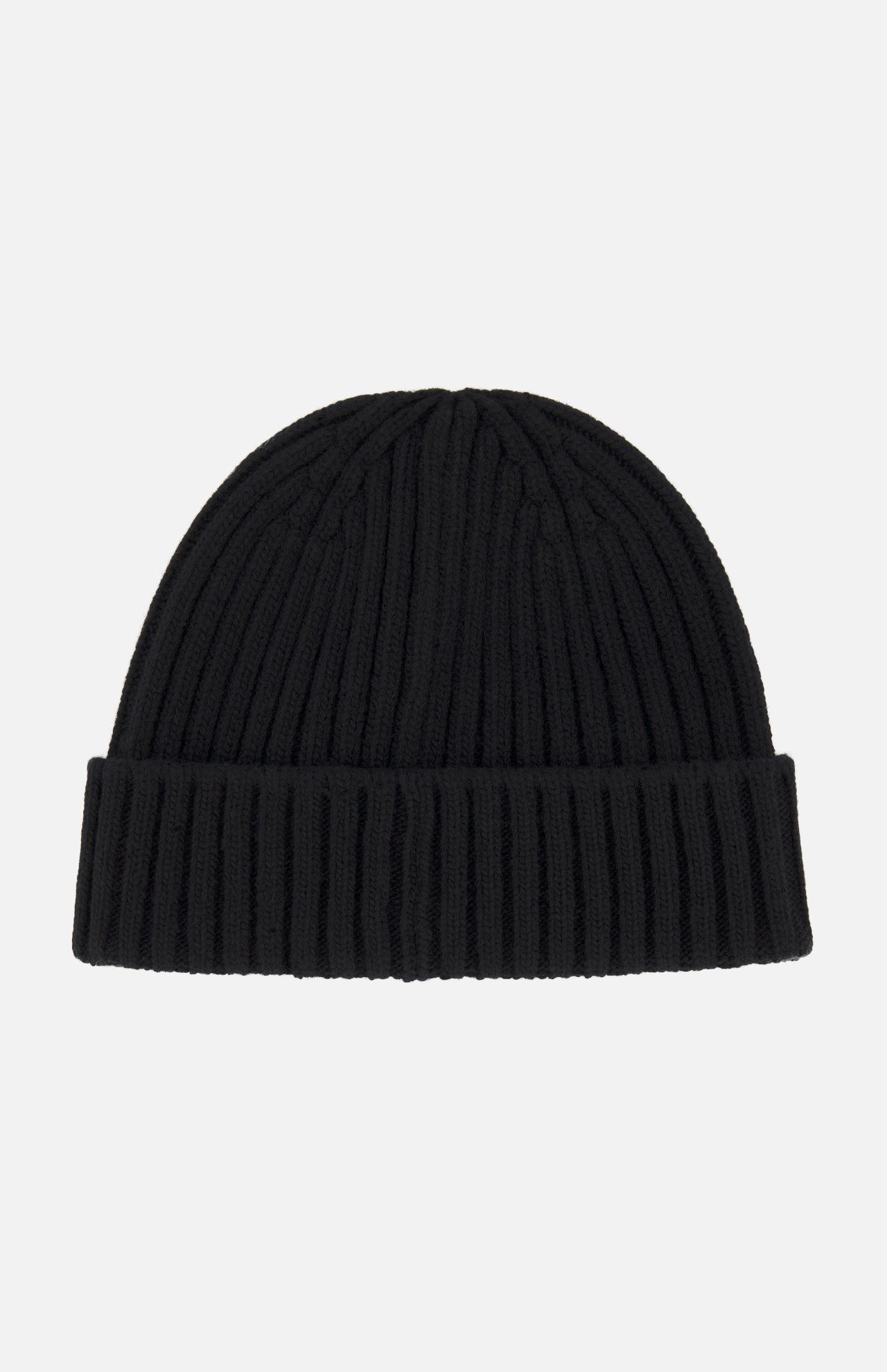 The BELSTAFF Watch Beanie Hat, crafted from soft lambswool in a black ribbed knit with a folded brim, is displayed on a plain white background.