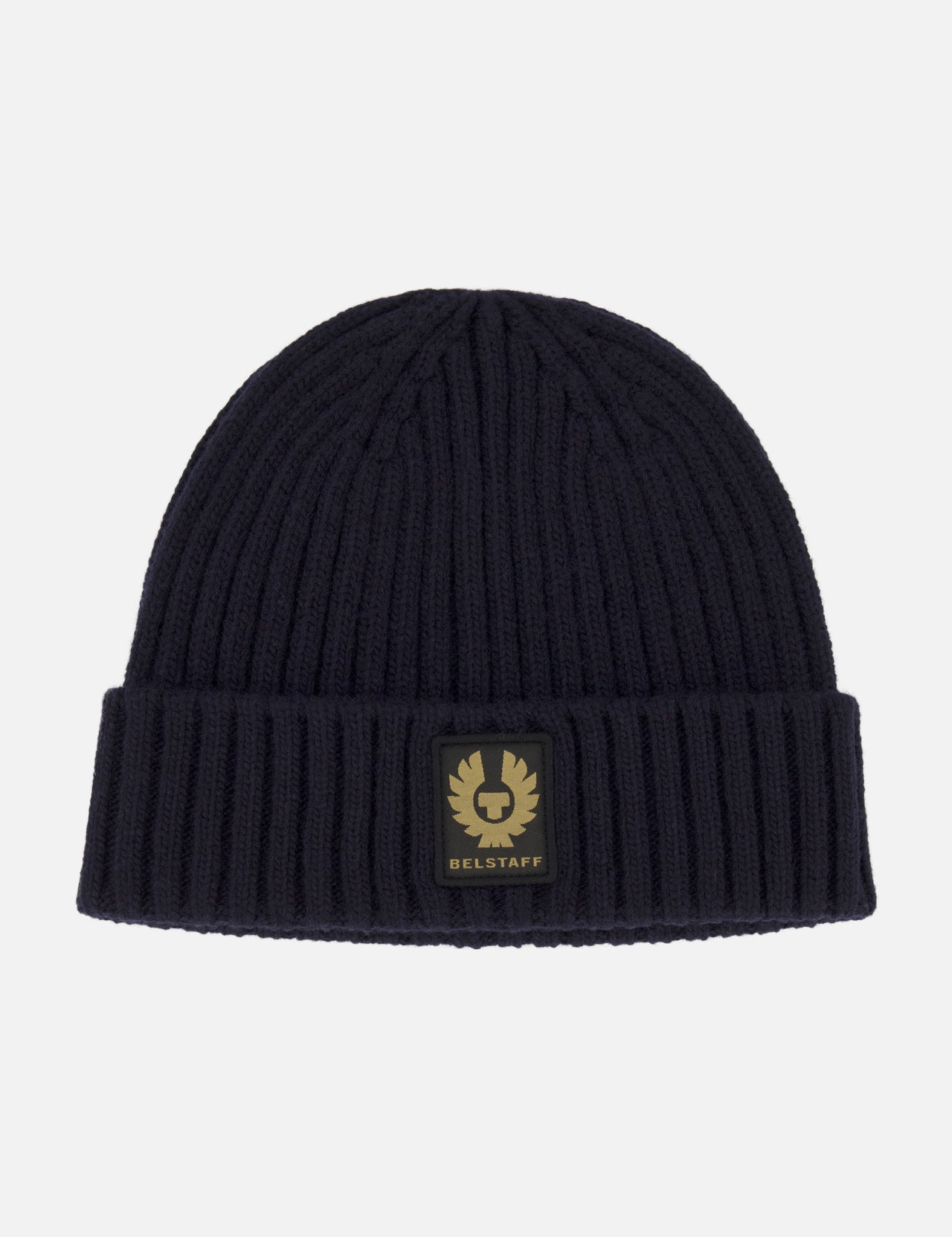 A black ribbed knit wool Watch Beanie Hat by BELSTAFF, featuring a folded brim and a square black and gold Belstaff logo patch on the front.