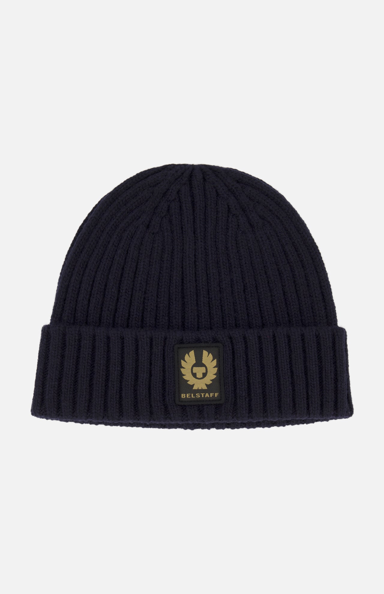 A black ribbed knit wool Watch Beanie Hat by BELSTAFF, featuring a folded brim and a square black and gold Belstaff logo patch on the front.