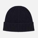 A BELSTAFF Watch Beanie Hat in black ribbed knit wool, featuring a wide folded cuff, is displayed on a white background.