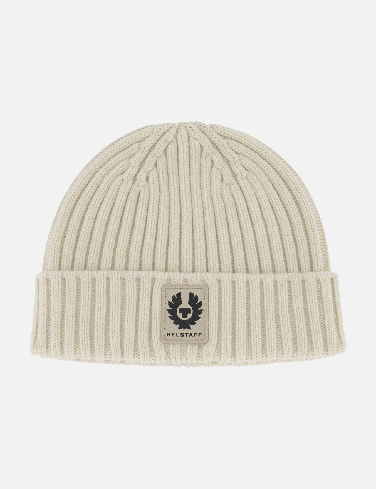 The BELSTAFF Watch Beanie Hat is a cream-colored, ribbed knit lambswool beanie with a folded cuff and a rectangular Belstaff logo patch on the front—a must-have for your cold-weather accessory lineup.
