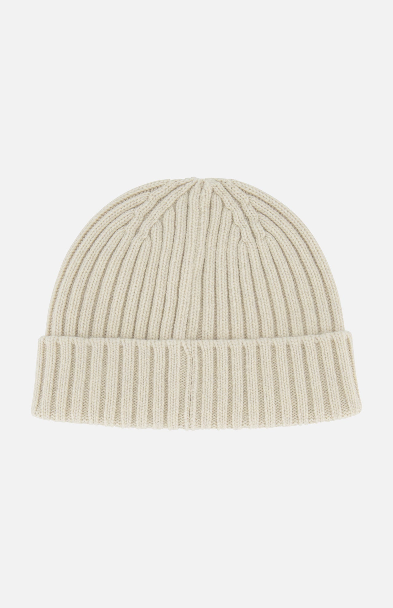 A beige Watch Beanie Hat by BELSTAFF, featuring ribbed knit wool and a folded brim, displayed on a white background—an essential cold-weather accessory.