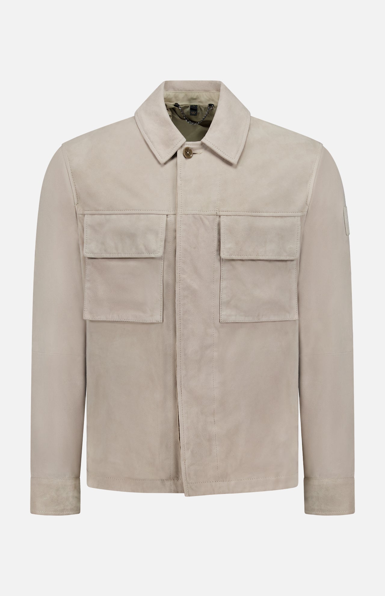 The BELSTAFF Waymark Suede Overshirt, shown on a plain white background, features a collared neckline, long sleeves, two large front flap pockets, and a hidden front zipper. Crafted from luxurious beige goat suede for lightweight layering.