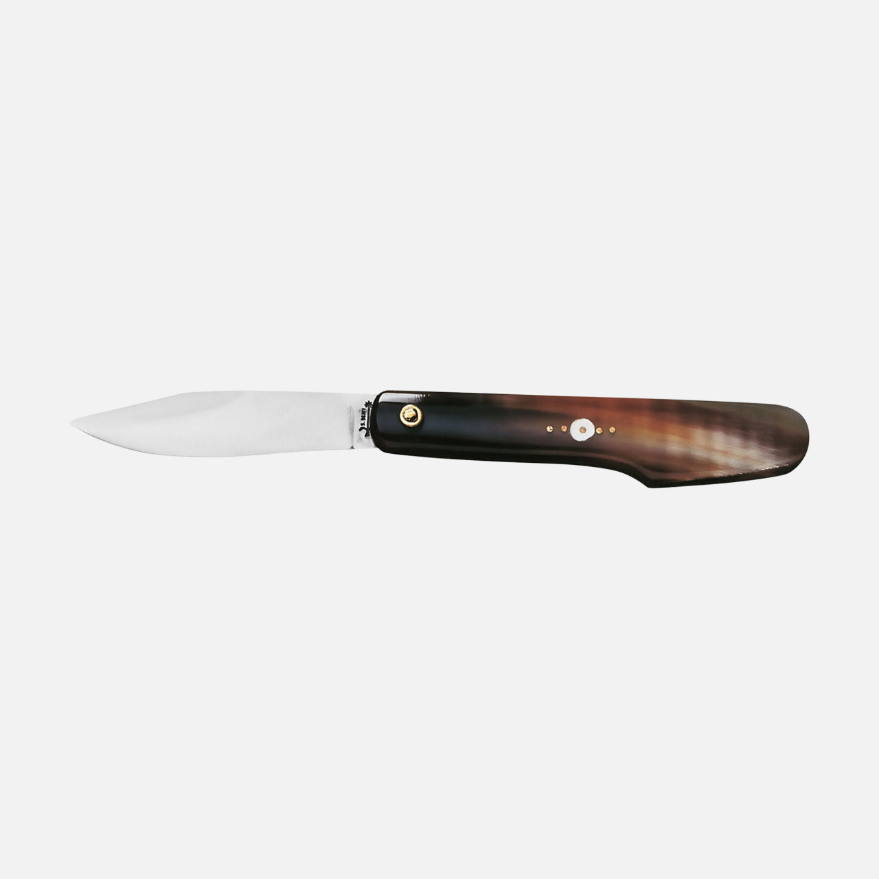 The Castrino OX Horn Pocket Knife by Berti Cutlery features a shiny silver blade and a polished brown horn handle, shown open against a plain white background.