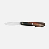 The Castrino OX Horn Pocket Knife by Berti Cutlery features a shiny silver blade and a polished brown horn handle, shown open against a plain white background.