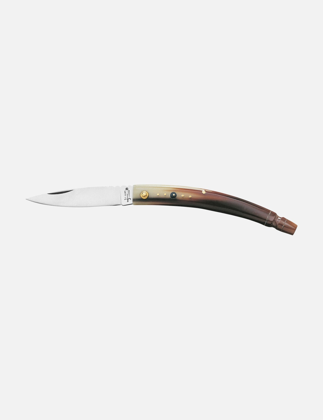 The Gobbo OX Horn Pocket Knife by Berti Cutlery features a slim, curved ox horn handle and a narrow pointed stainless steel blade, shown open on a plain white background.