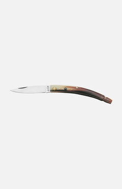 The Gobbo OX Horn Pocket Knife by Berti Cutlery features a slim, curved ox horn handle and a narrow pointed stainless steel blade, shown open on a plain white background.
