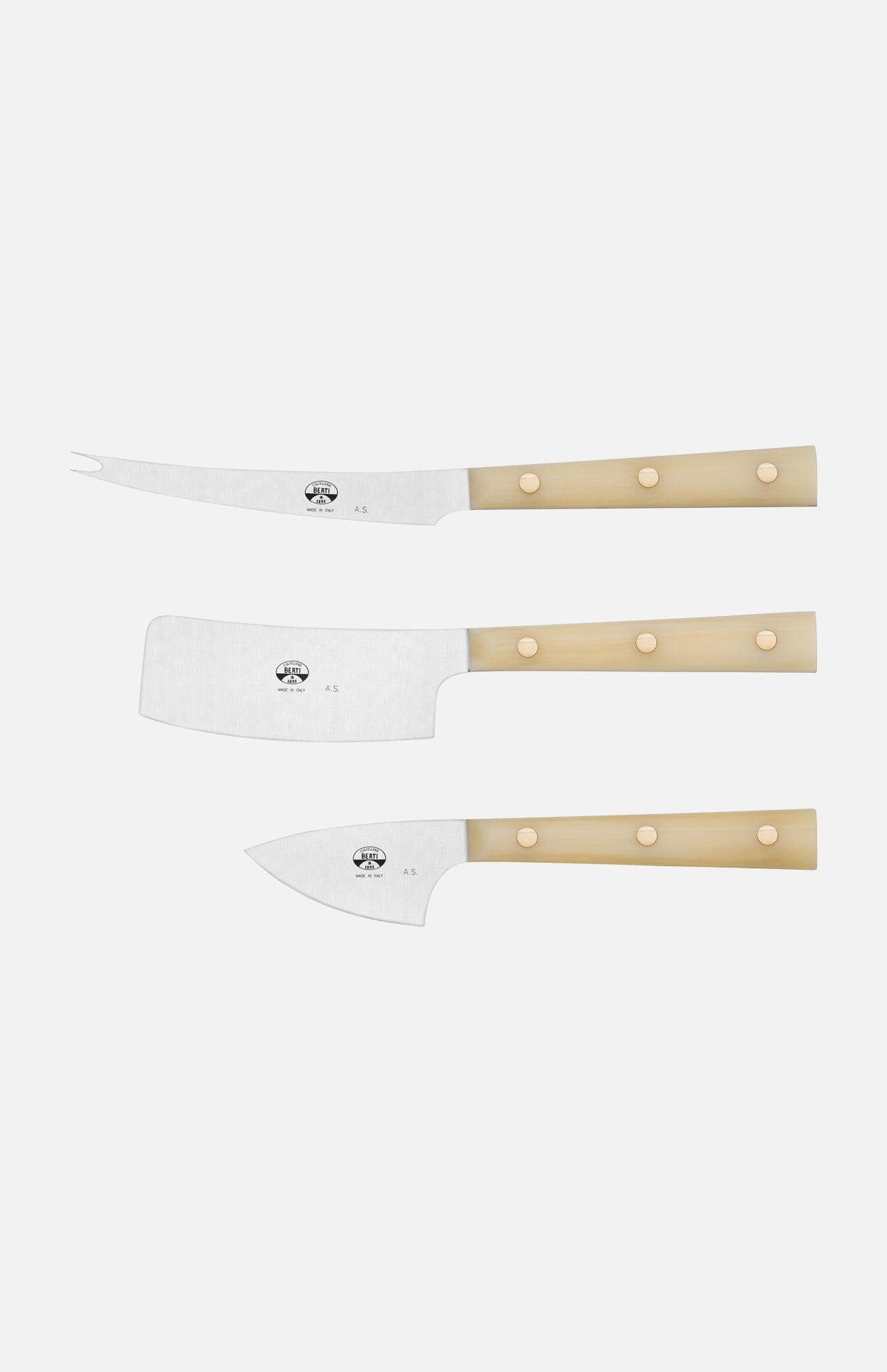 The La Ceremony Dei Formaggi Cheese Knives by Berti Cutlery feature three knives with beige handles and silver blades, each designed for different cheeses. Arranged horizontally on a white background, they're ideal for any occasion.
