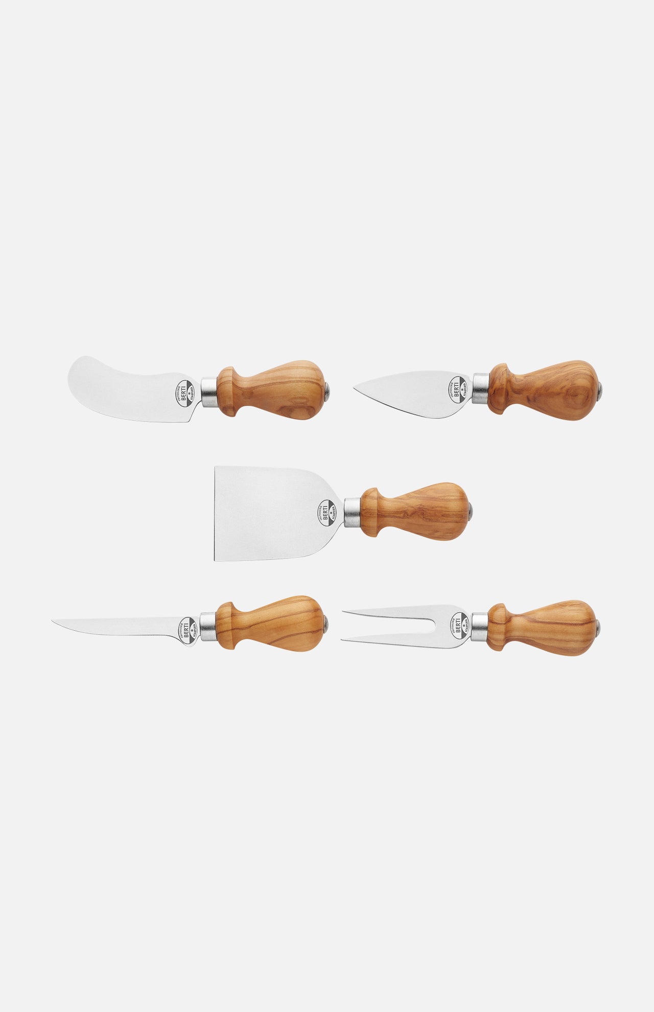 The Little Italians Cutting Cheese Knives by Berti Cutlery is a set of five utensils with stainless steel blades and polished olive wood handles, displayed horizontally on a white background.