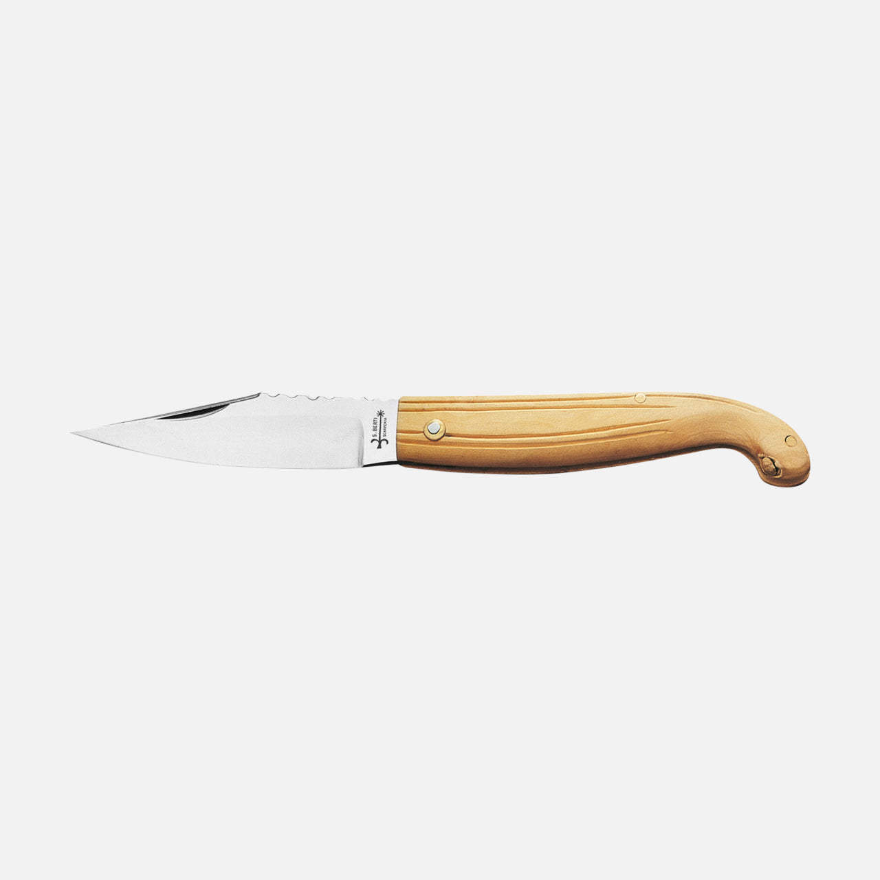 The Berti Cutlery Maremmano Boxwood Pocket Knife, handmade in Italy, has a slim stainless steel blade and a light boxwood handle. It is shown fully extended against a plain white background.