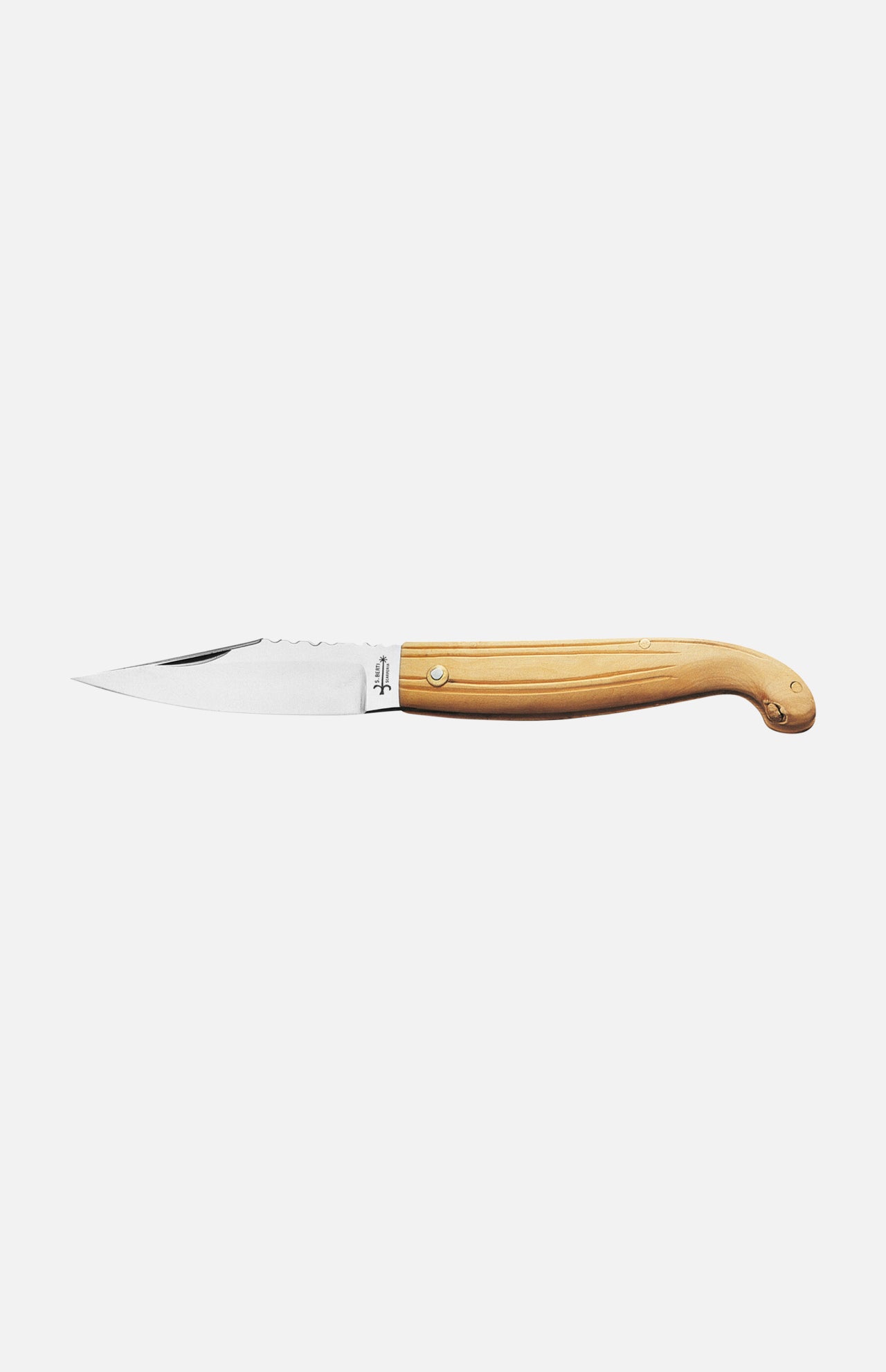 The Berti Cutlery Maremmano Boxwood Pocket Knife, handmade in Italy, has a slim stainless steel blade and a light boxwood handle. It is shown fully extended against a plain white background.