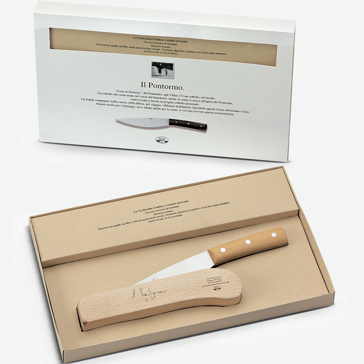 The Pontormo Boxwood Knife with Wood Block by Berti Cutlery, featuring a boxwood handle and stainless steel blade, is shown in an open box. A matching closed Il Pontormo box sits behind, all set against a plain white background.