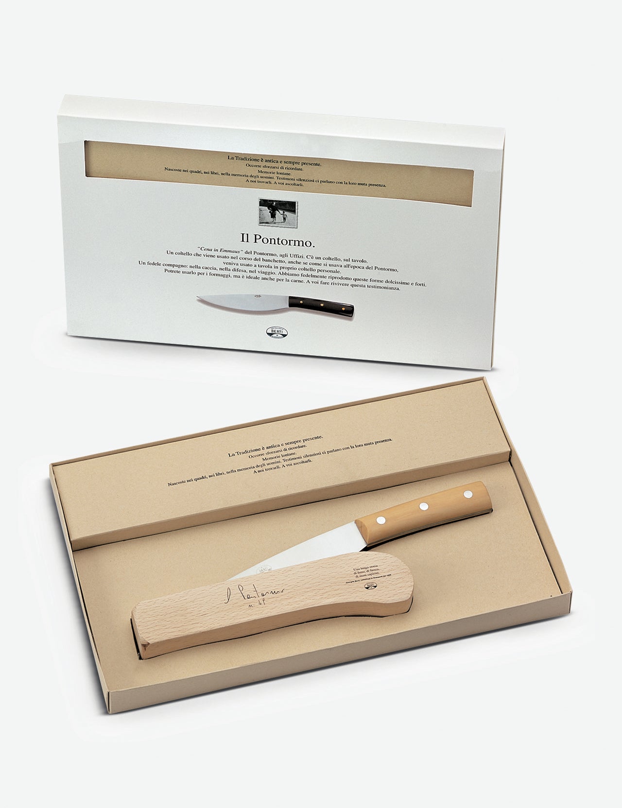 The Pontormo Boxwood Knife with Wood Block by Berti Cutlery, featuring a boxwood handle and stainless steel blade, is shown in an open box. A matching closed Il Pontormo box sits behind, all set against a plain white background.
