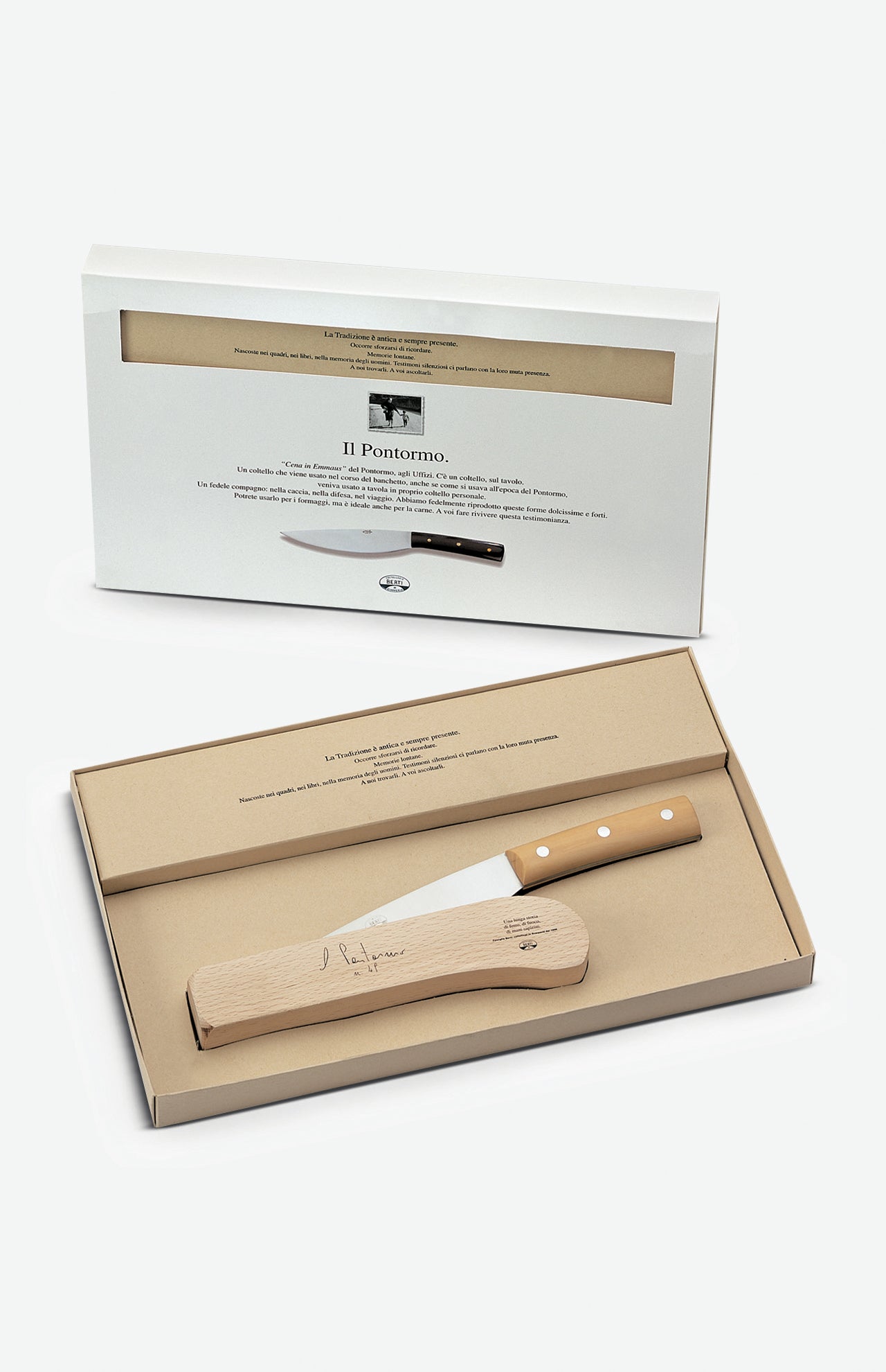 The Pontormo Boxwood Knife with Wood Block by Berti Cutlery, featuring a boxwood handle and stainless steel blade, is shown in an open box. A matching closed Il Pontormo box sits behind, all set against a plain white background.