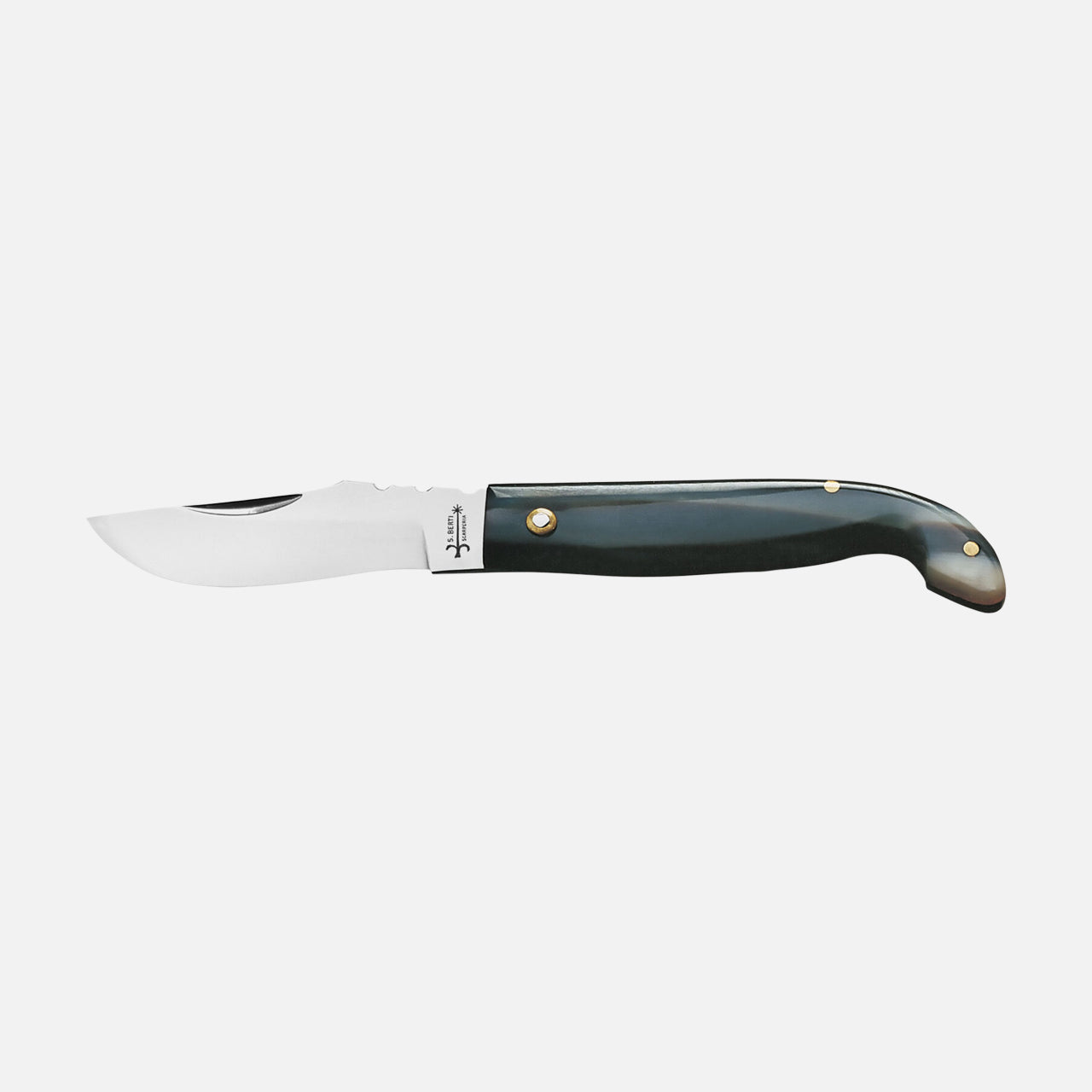 The Senese OX Pocket Knife by Berti Cutlery features a curved, shiny metal blade and a dark handle with brass rivets, shown fully open against a plain white background.
