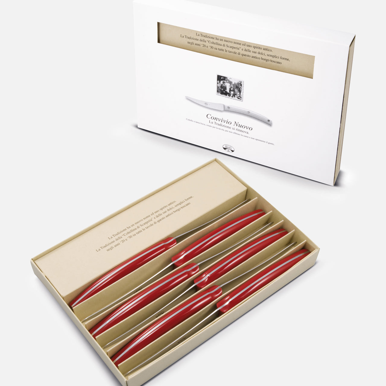 A box of six Berti Cutlery steak and table knives, neatly arranged in a tray with the lid propped open behind them, reminiscent of a gift set displaying the product name and an image on the inside flap.