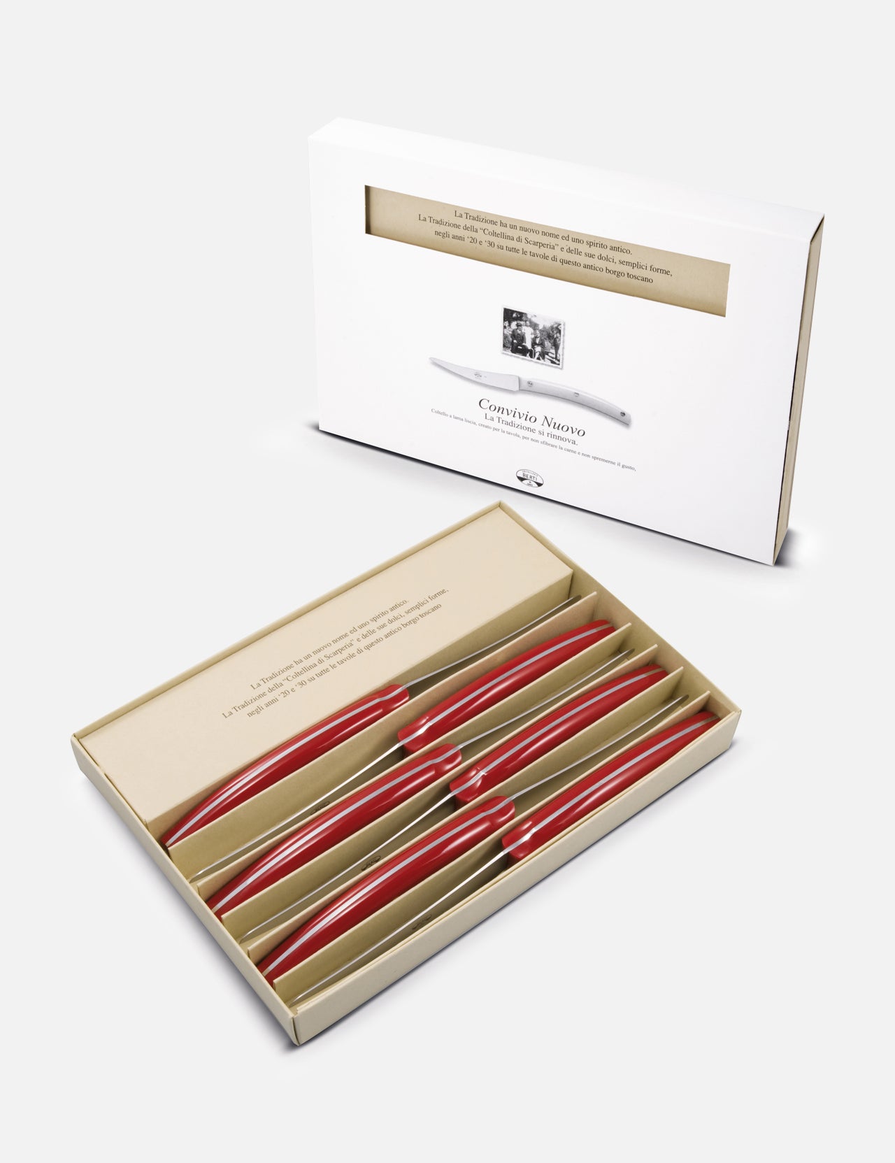 A box of six Berti Cutlery steak and table knives, neatly arranged in a tray with the lid propped open behind them, reminiscent of a gift set displaying the product name and an image on the inside flap.