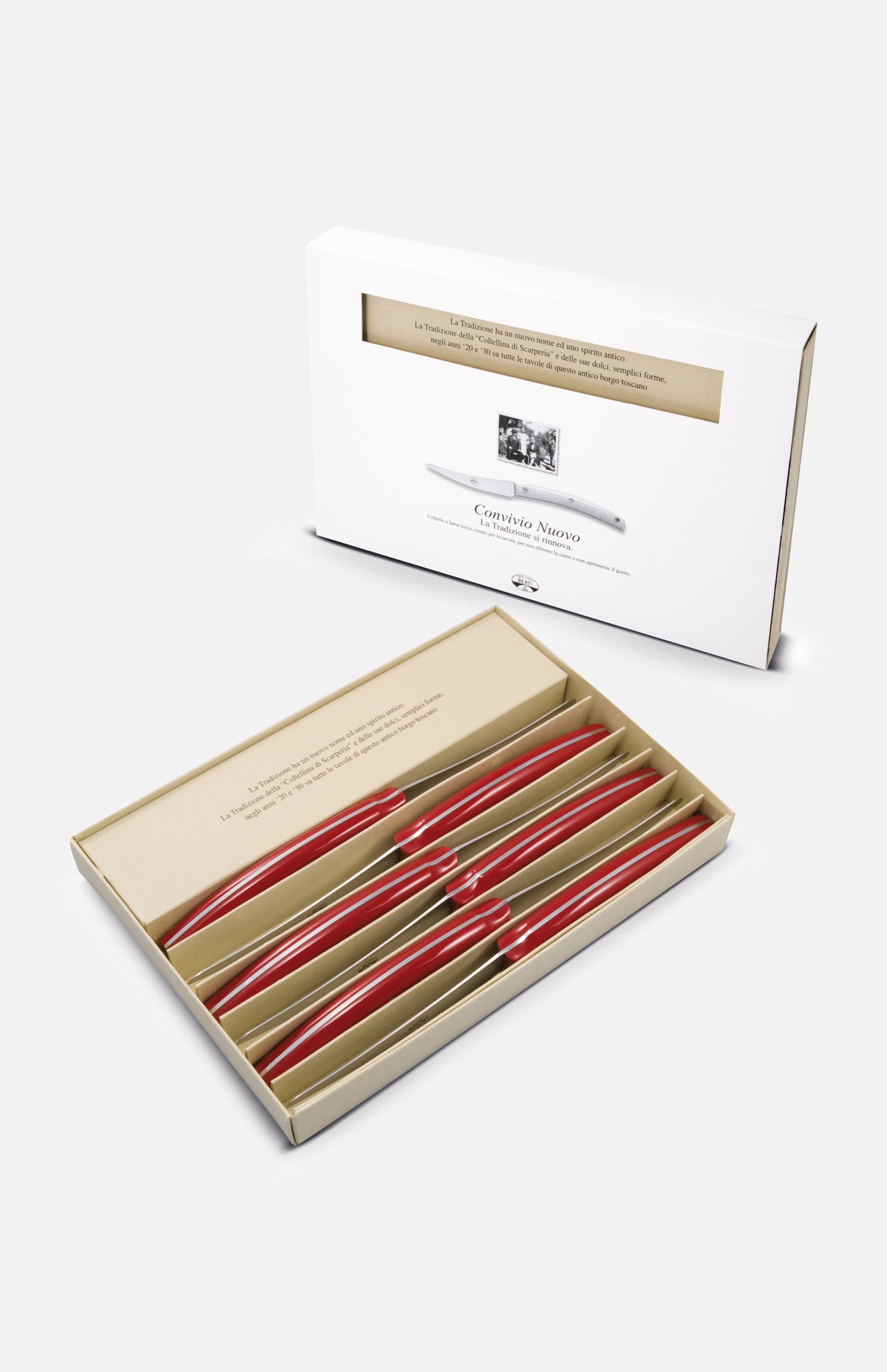 A box of six Berti Cutlery steak and table knives, neatly arranged in a tray with the lid propped open behind them, reminiscent of a gift set displaying the product name and an image on the inside flap.