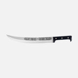 The Hussar on the Roof Sabrage Saber by Berti Cutlery is a handmade, curved knife with a decorative blade and a black, three-rivet handle, crafted in Italy and shown against a plain white background.