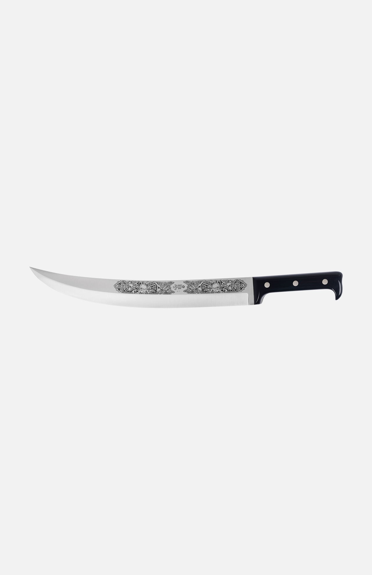 The Hussar on the Roof Sabrage Saber by Berti Cutlery is a handmade, curved knife with a decorative blade and a black, three-rivet handle, crafted in Italy and shown against a plain white background.