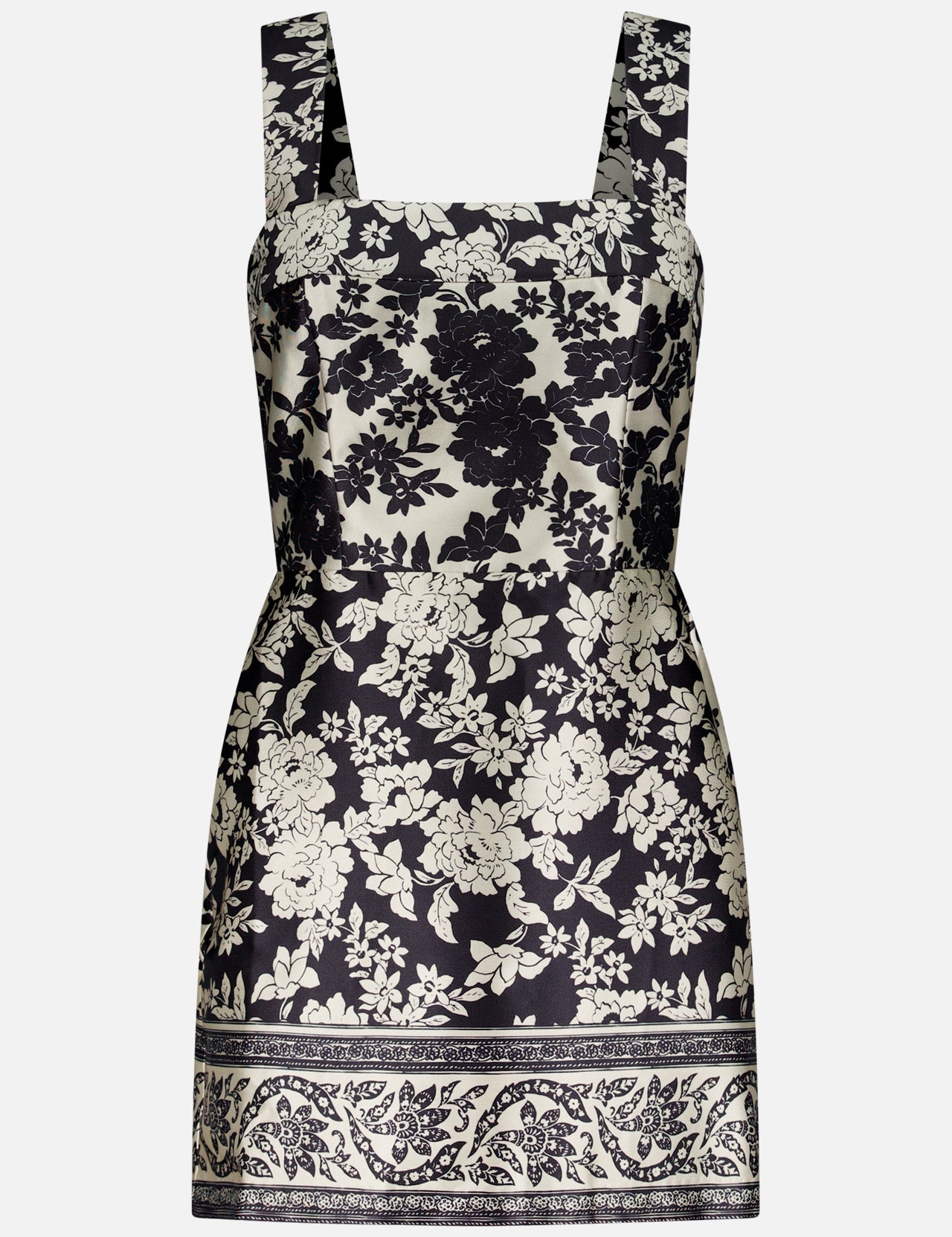 The Brianne Brocade Mini Dress by AMANDA UPRICHARD is a sleeveless, square-neck dress with a black and ivory brocade print and a decorative border at the hem.