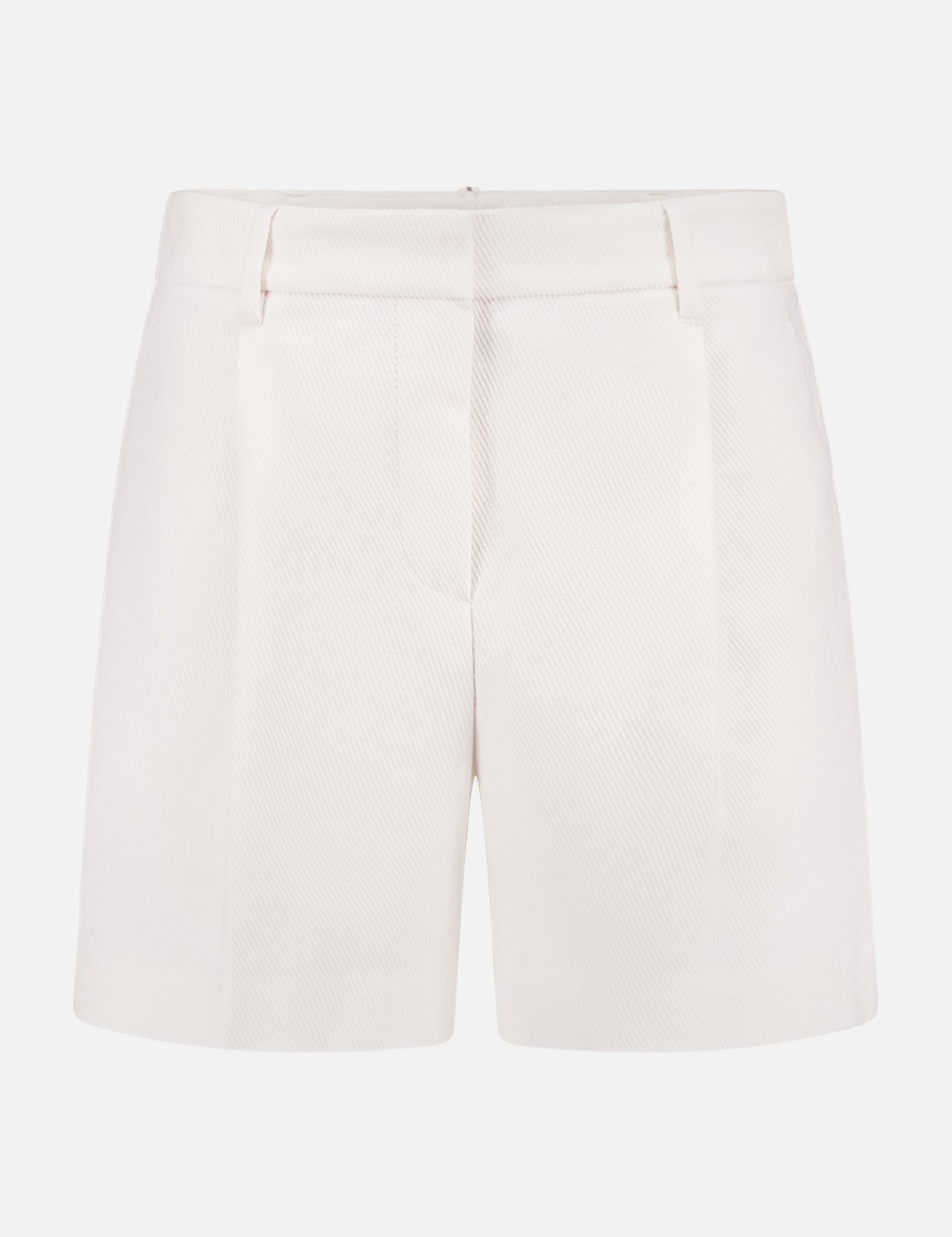 BRUNELLO CUCINELLI Bermuda Shorts—high-waisted, tailored white pleated design with belt loops and front pleats, made in Italy, shown against a plain white background.