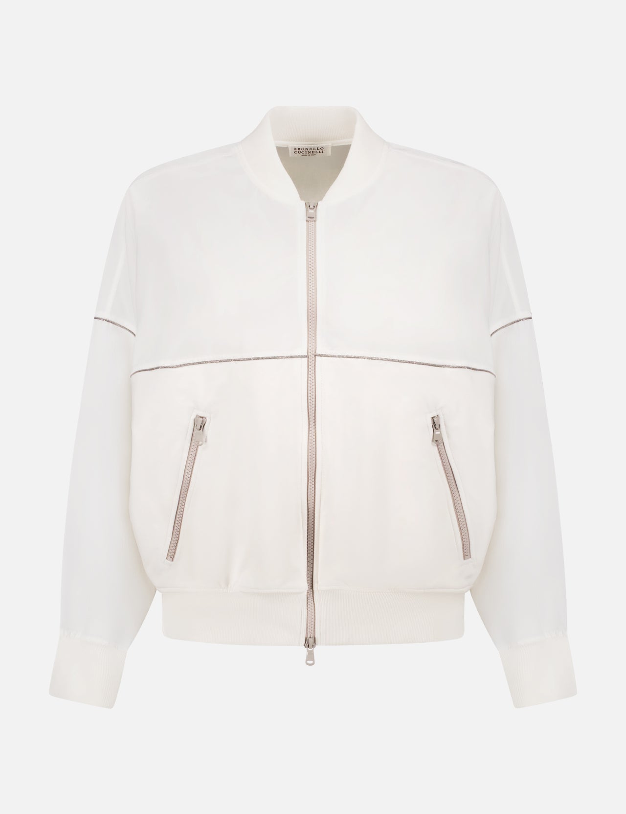 The BRUNELLO CUCINELLI Cardigan Monili Sweatshirt, a white hybrid cardigan-jacket with a front zipper, two diagonal zippered pockets, ribbed cuffs and waistband. Displayed on a plain white background. Made in Italy for timeless style.