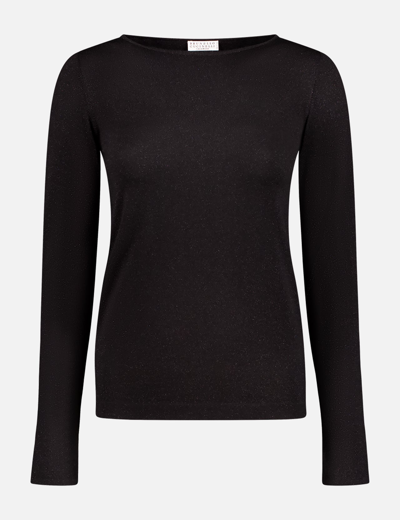 The BRUNELLO CUCINELLI Cashmere Silk Boat Neck Sweater is a plain, long-sleeve black top with a smooth, fitted finish and no visible patterns, offering sophisticated luxury on a white background.