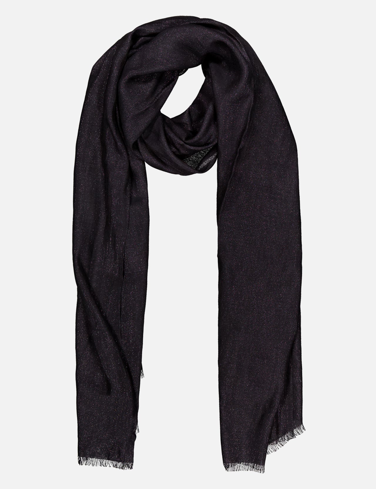 The BRUNELLO CUCINELLI Cashmere Silk Lurex Scarf in black has a subtle sheen and short fringed ends, loosely draped in a loop and shown on a plain light gray background.