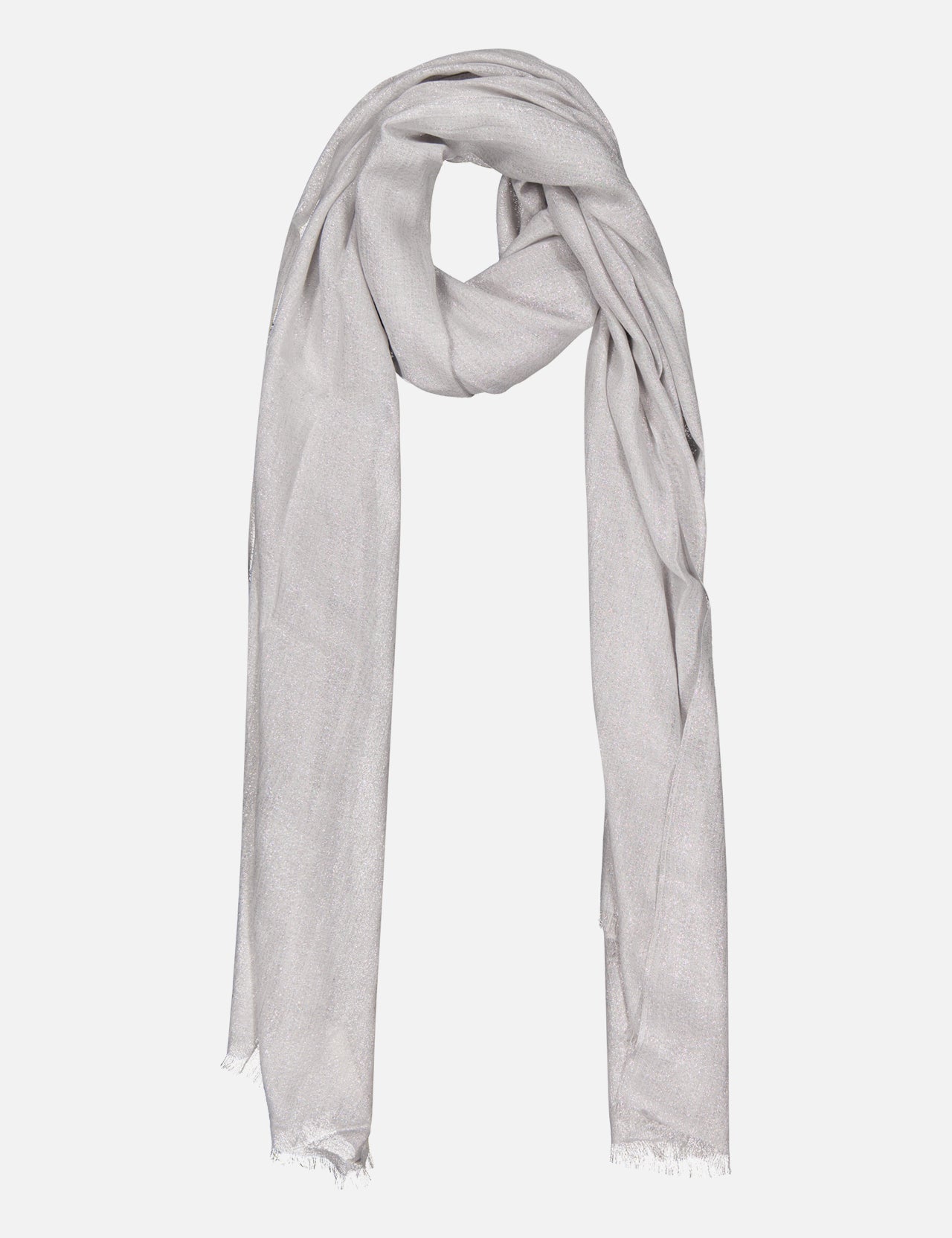 The BRUNELLO CUCINELLI Cashmere Silk Lurex Scarf in pale grey features a soft texture and subtle frayed edges at both ends, loosely folded and laid flat on a plain white background.