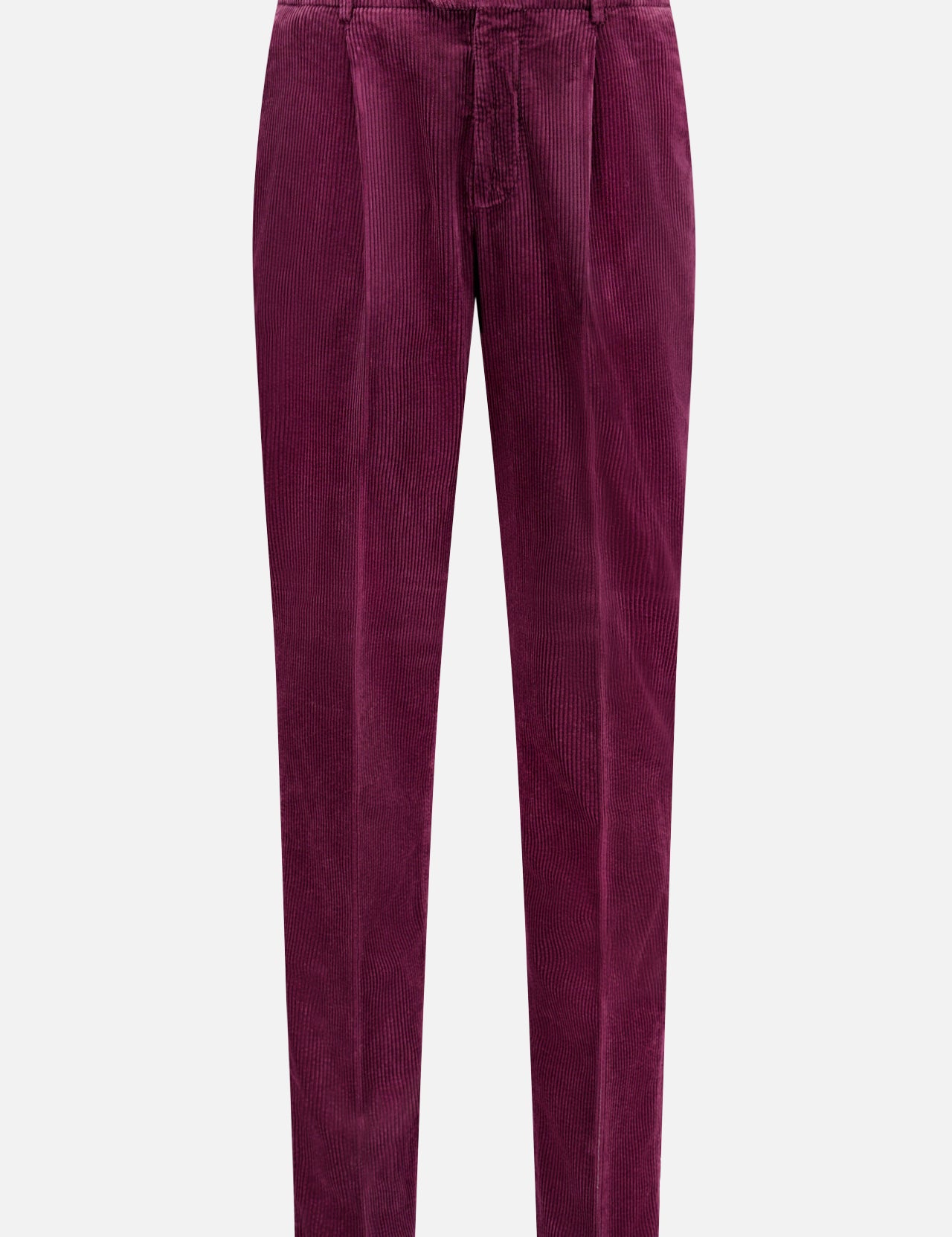 BRUNELLO CUCINELLI Corduroy Leisure Fit Trousers: high-waisted, straight-leg pants in rich burgundy with front button and zipper closure.