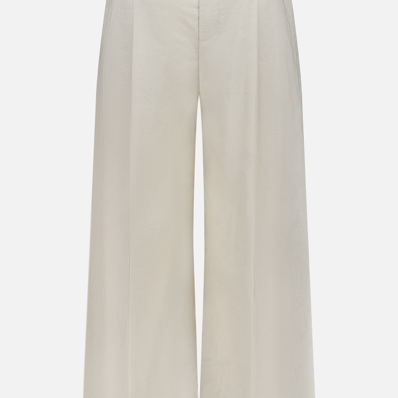 The BRUNELLO CUCINELLI Cotton Poplin Deep Pleat A-Line Pant features front pleats, belt loops, and a high-waisted wide-leg silhouette in cream cotton poplin, made in Italy and shown against a white background.