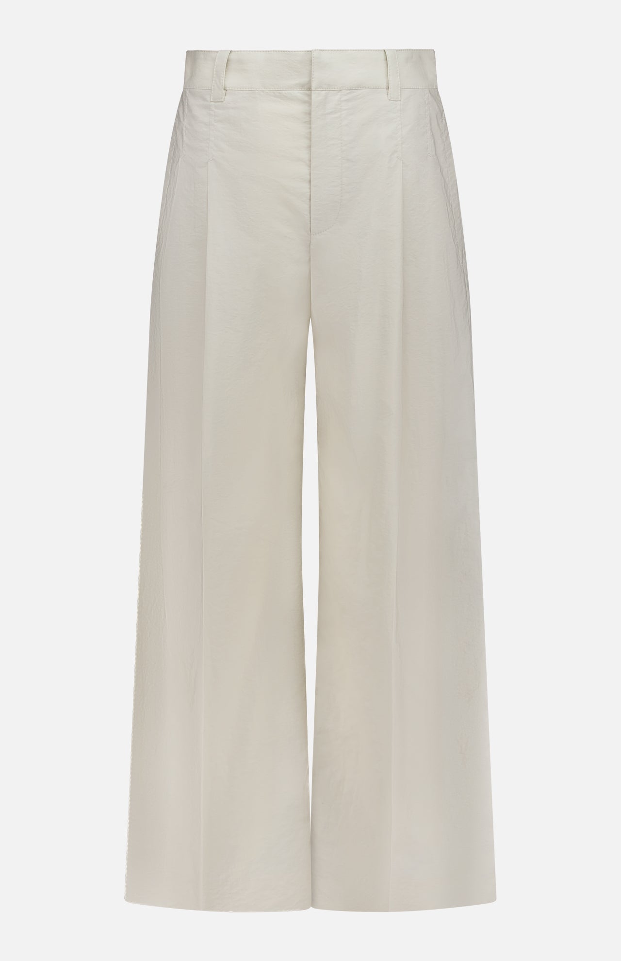 The BRUNELLO CUCINELLI Cotton Poplin Deep Pleat A-Line Pant features front pleats, belt loops, and a high-waisted wide-leg silhouette in cream cotton poplin, made in Italy and shown against a white background.