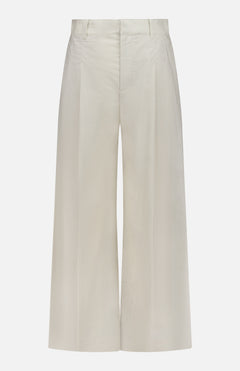 The BRUNELLO CUCINELLI Cotton Poplin Deep Pleat A-Line Pant features front pleats, belt loops, and a high-waisted wide-leg silhouette in cream cotton poplin, made in Italy and shown against a white background.