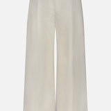 The BRUNELLO CUCINELLI Cotton Poplin Deep Pleat A-Line Pant features a wide-leg, high-waisted cream design with a back elastic waistband and two welt pockets, shown against a plain white background.