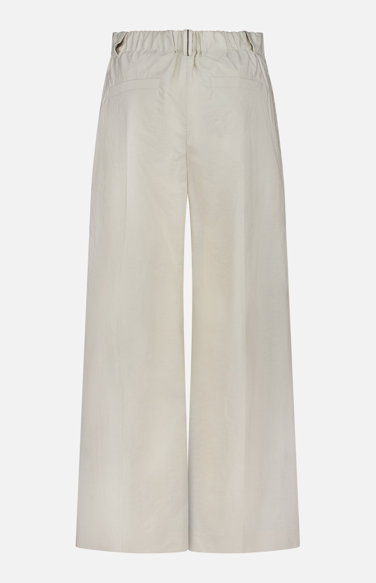 The BRUNELLO CUCINELLI Cotton Poplin Deep Pleat A-Line Pant features a wide-leg, high-waisted cream design with a back elastic waistband and two welt pockets, shown against a plain white background.