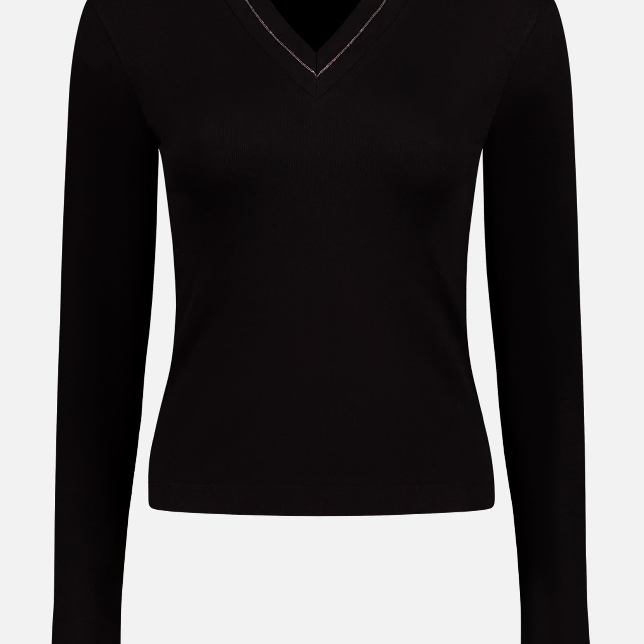 Cotton Rib Long Sleeve V-Neck with Monili Trim Top (14639776268651)